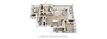 A 3D floor plan of a house with a kitchen, living room, and bathrooms.