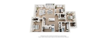 A 3D floor plan of a house with multiple rooms and furniture.