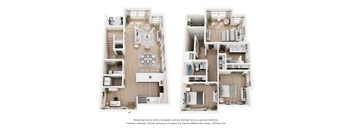 Two images of a house layout with a kitchen, living room, and bedrooms.
