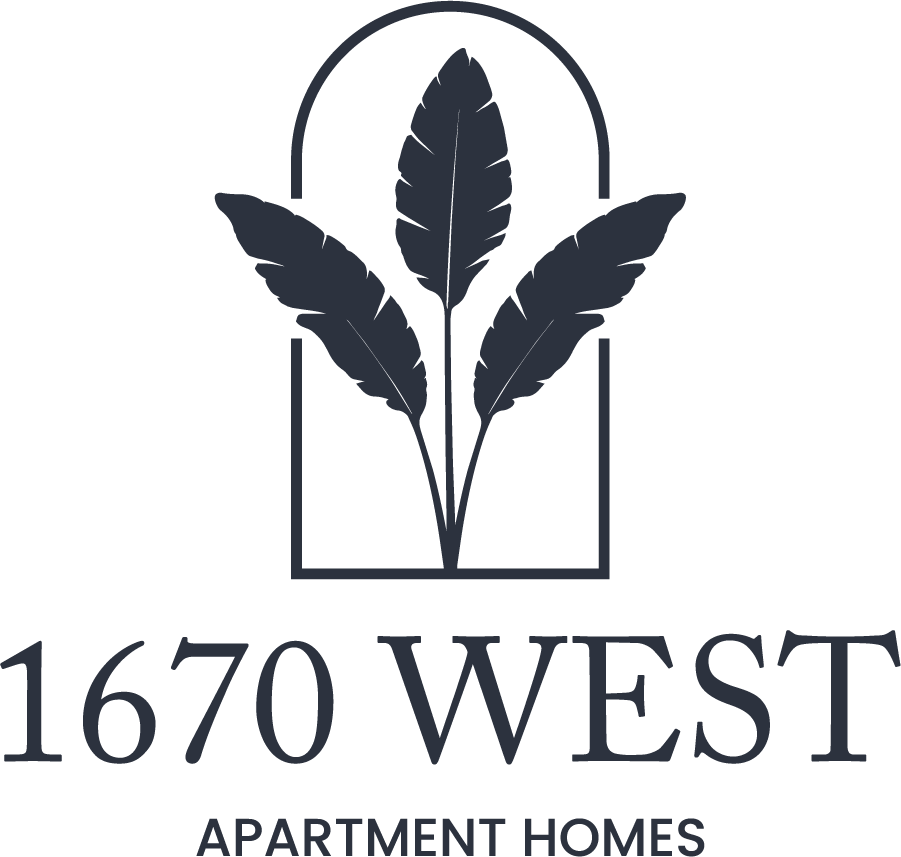 The image is a logo for 1670 West Apartment Homes, featuring a graphic of two feathers within a square border.