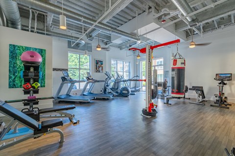 A gym with a variety of equipment including treadmills, weights, and exercise machines.