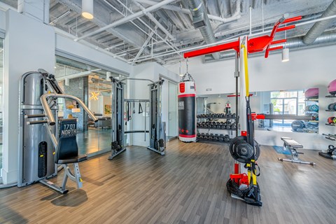 A gym with a variety of equipment including a squat rack, bench, and weights.