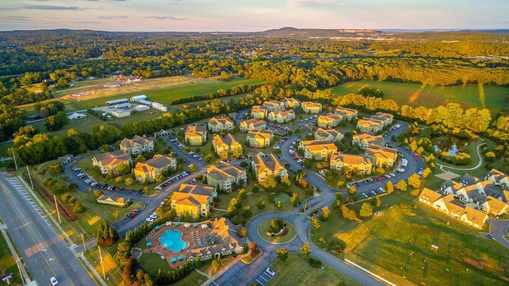arial view of the campus at sunset