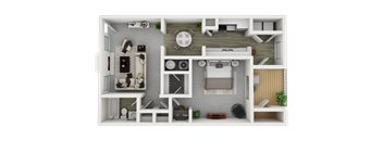A 3D floor plan of a small apartment with a kitchen, living room, and bedroom.