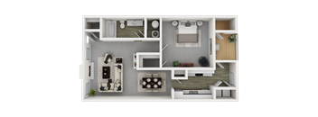 A 3D rendered image of a modern apartment layout.