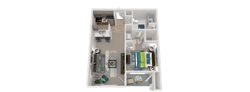 A 3D floor plan of a house with a kitchen, living room, and bathroom.