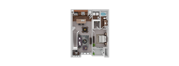 A floor plan of a small apartment with a kitchen, living room, and bathroom.