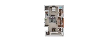 A top-down view of a small apartment with a living room, kitchen, and bathroom.
