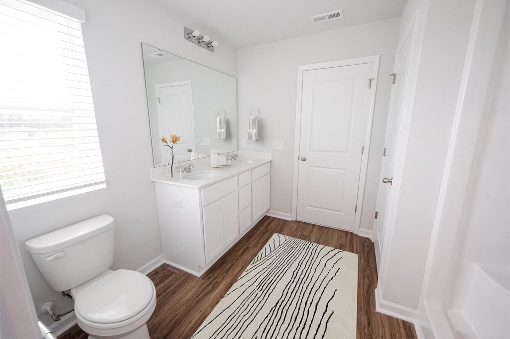 a bathroom with a toilet sink and mirror and a zebra rug