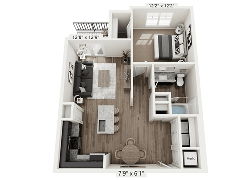 A floor plan of a small apartment with a kitchen, living room, and bathroom.