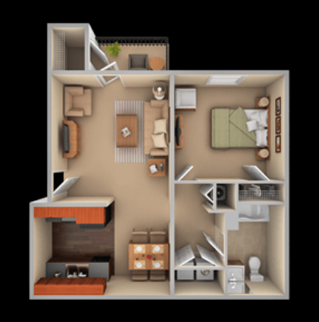 a 3d floor plan of a 1 bedroom apartment
