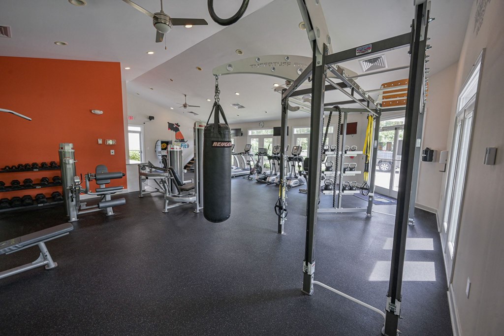 a gym with weights and a punching bag on the floor