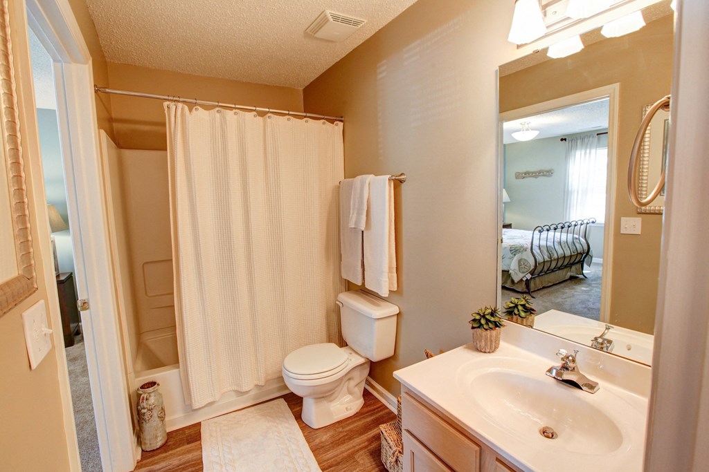 a bathroom with a shower toilet and sink and a mirror