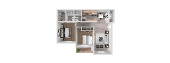 A 3D floor plan of a small apartment with a kitchen, living room, and bathroom.