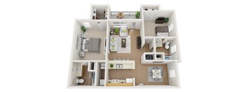 A 3D floor plan of a house with multiple rooms and furniture.