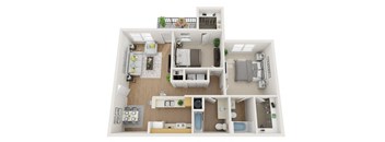 A 3D floor plan of a small apartment with a kitchen, living room, and bathroom.
