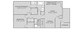 A floor plan of a home layout with a master bedroom, living room, dining room, kitchen, and storage.