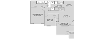 A floor plan of a home with a master bedroom, a living area, a kitchen, a dining area, a fireplace, and storage.