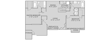 A floor plan of a house with a master bedroom, living room, dining room, kitchen, and a storage area.