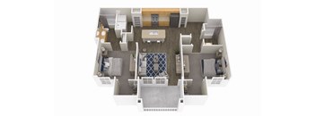 a 3d drawing of a floor plan with bedrooms and a living room