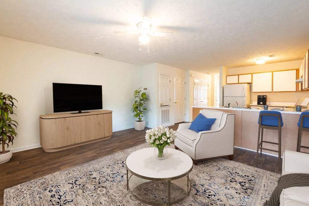 a living room with a couch and a table