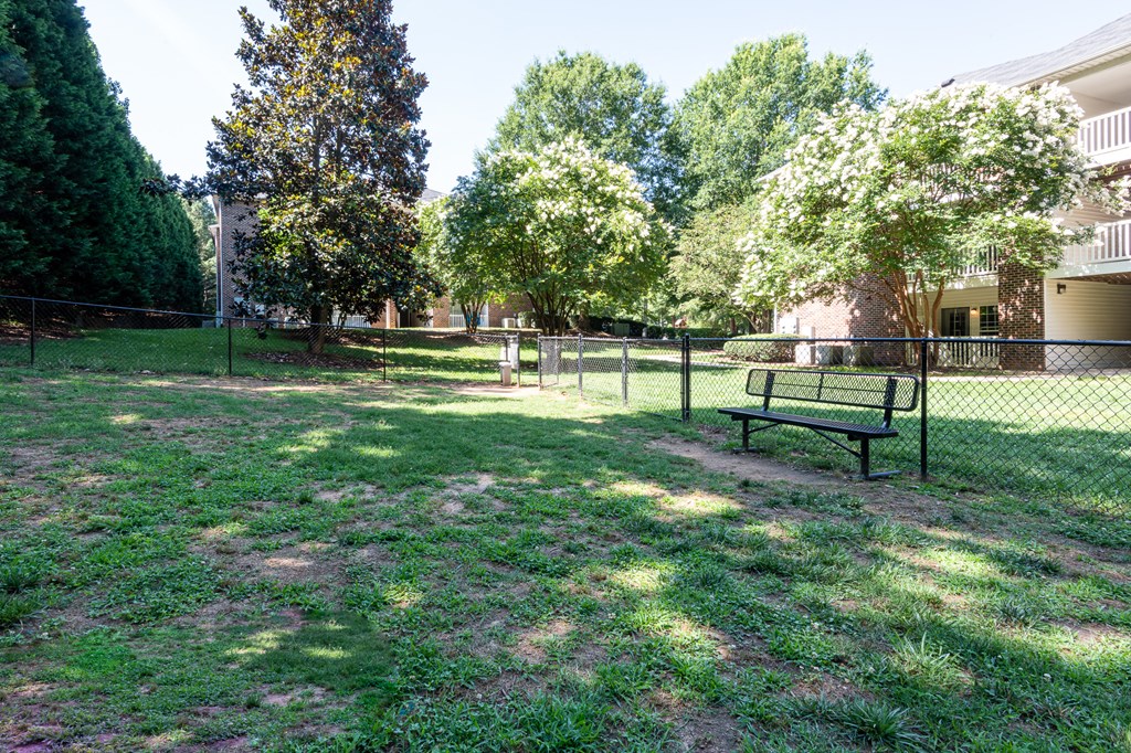 a park with a bench and a chain link fence