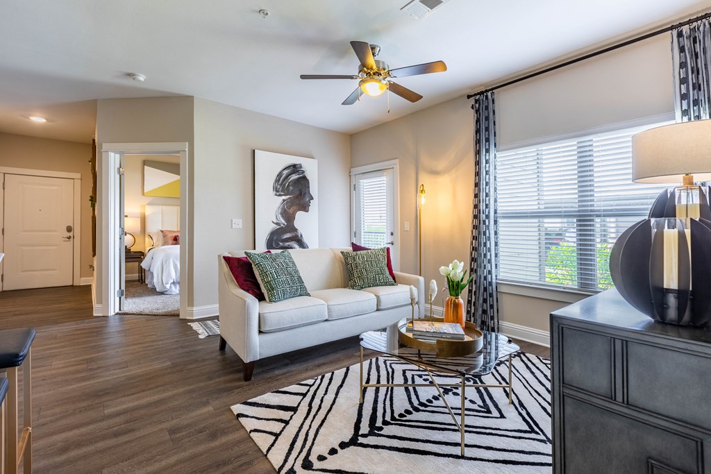 a living room with a couch and a coffee table