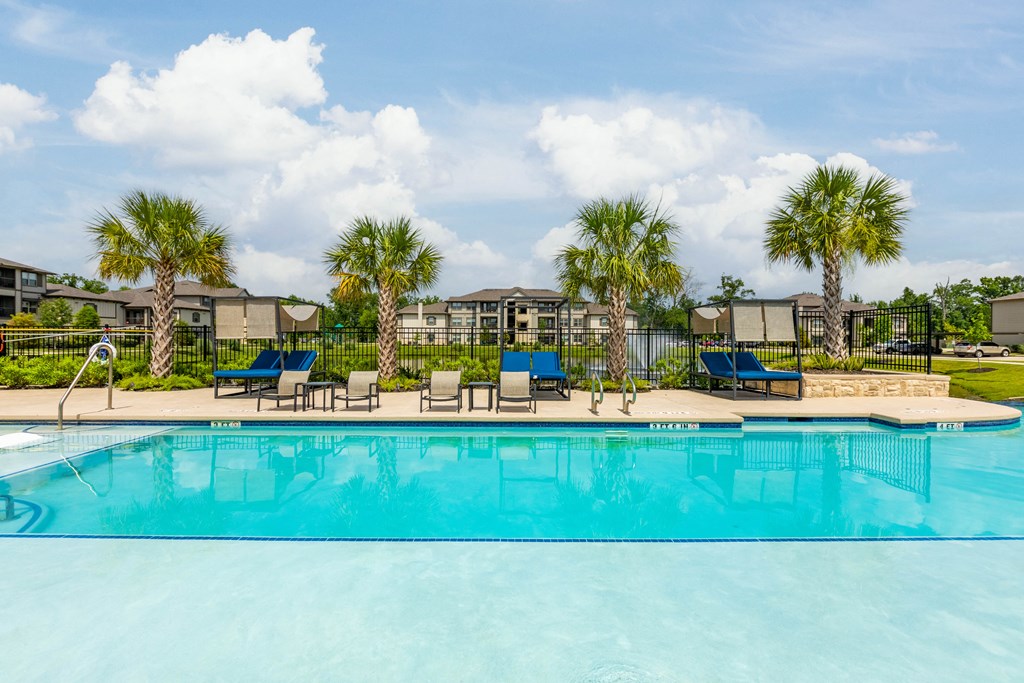 a large swimming pool with blue chairs and palm trees