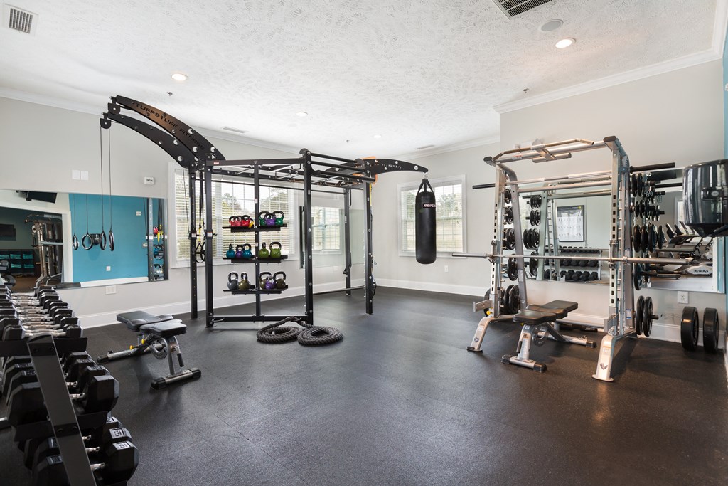A spacious gym with a variety of equipment.