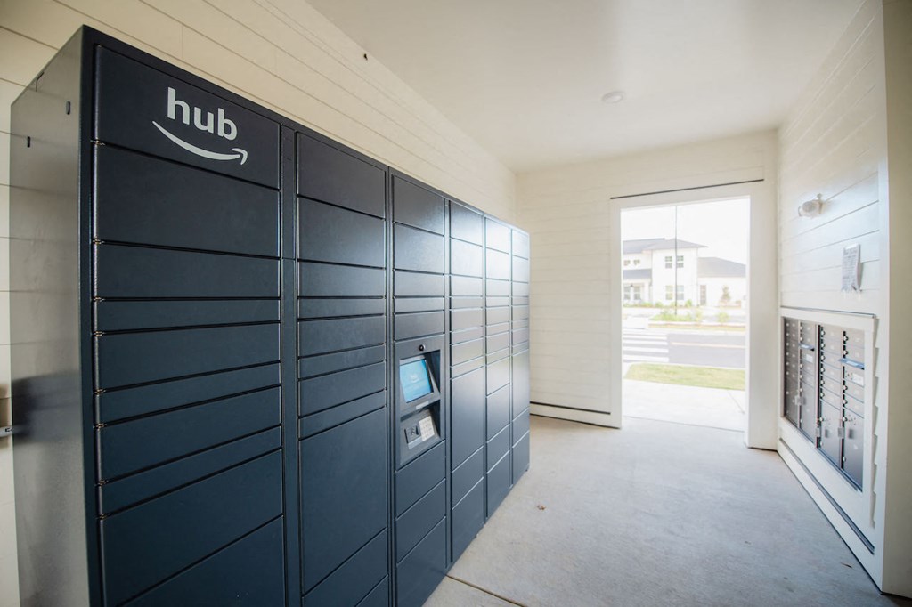 a row of lockers with a hub logo on the front
