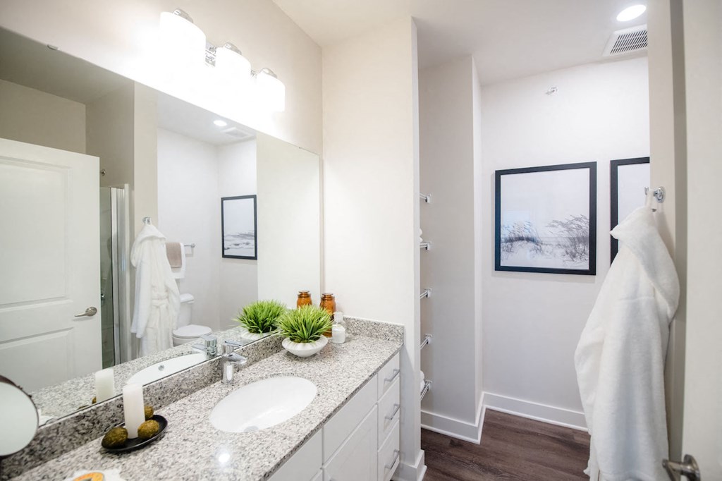 bathroom in a bedroom plus den unit at the casey, 2100 delgany, den