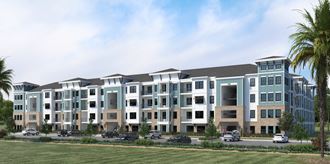 a rendering of a large apartment building with cars parked in front of it