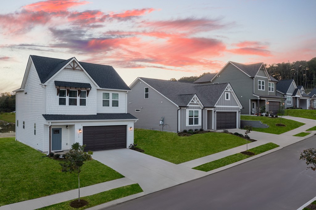 a row of houses on a street with a sunset in the background