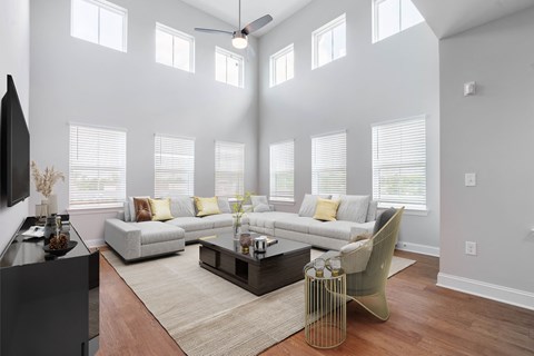 a living room with a couch and a coffee table