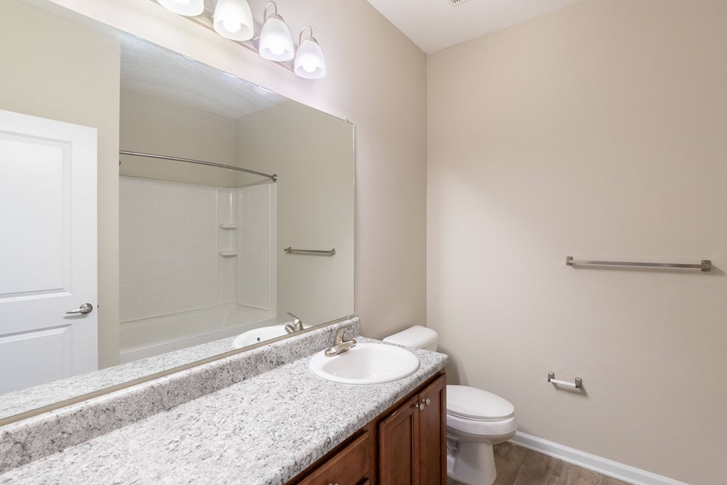 a bathroom with a large mirror and a toilet and sink