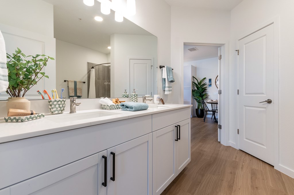 A bathroom with a white counter and a large mirror.