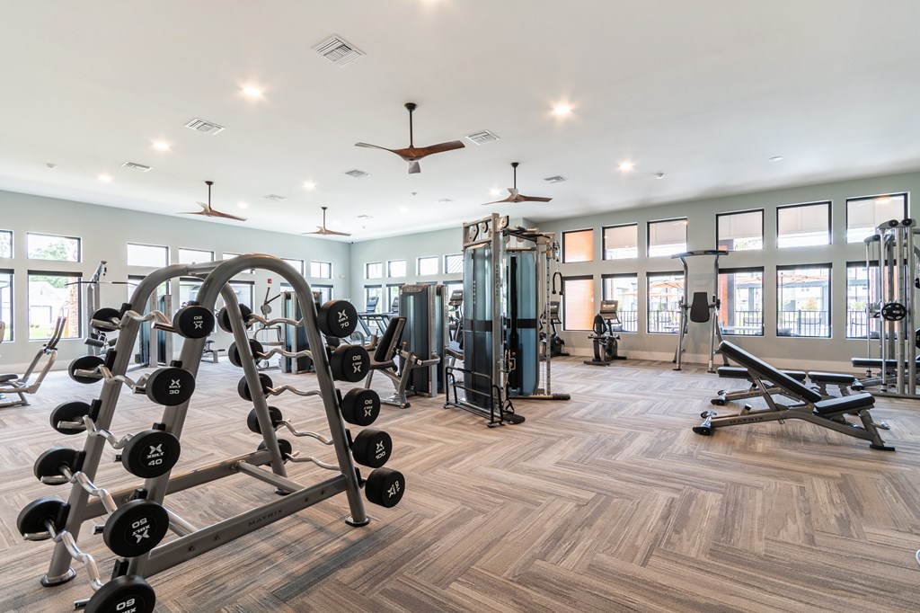 A gym with a variety of equipment including a weight rack, a leg press machine, and a bench press.