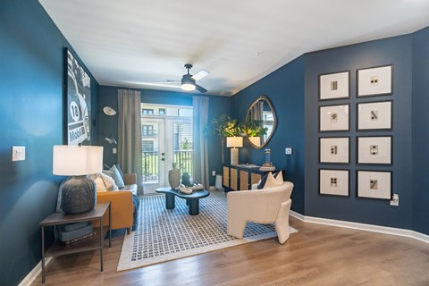 A living room with a white sofa and a grey rug.