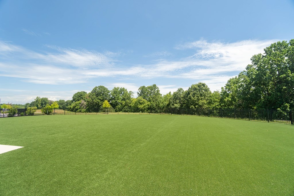A large, well-maintained green field with trees in the background under a clear blue sky at Evolve Lake Norman apartments in Mooresville, NC