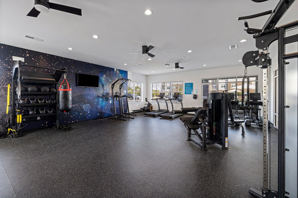 a workout room with weights machines and a wall mural of the universe