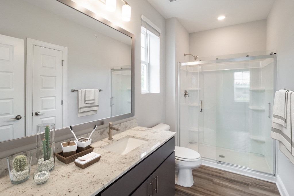a bathroom with a large mirror and a shower with a glass door
