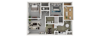 A 3D floor plan of a small apartment with a kitchen, living room, and bedroom.
