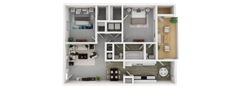 A top-down view of a small apartment layout with a bedroom, living room, kitchen, and bathroom.