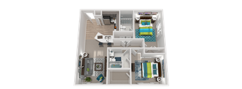 A 3D floor plan of a small apartment with a kitchen, living room, and bedrooms.