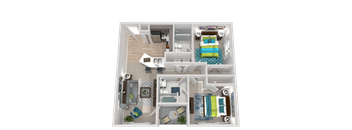 A 3D floor plan of a house with a kitchen, living room, and bathroom.