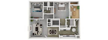 A 3D floor plan of a small apartment with a kitchen, living room, and bathroom.