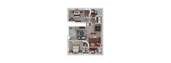 A top-down view of a small apartment with a bedroom, living room, and kitchen.