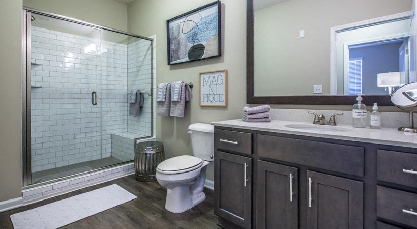 a bathroom with a shower toilet and sink