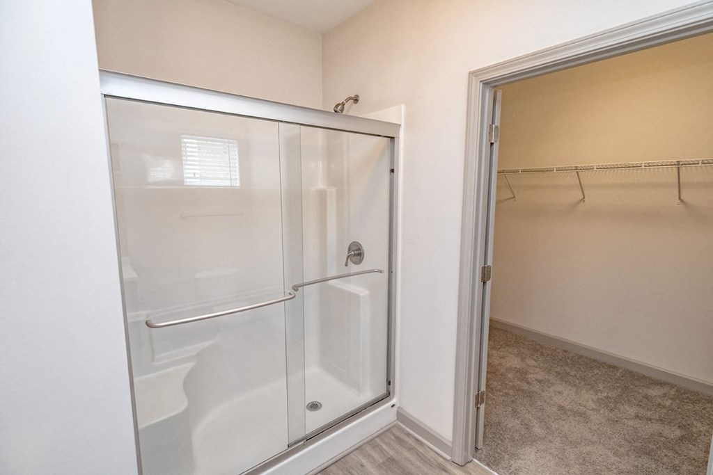 a bathroom with a shower and a closet