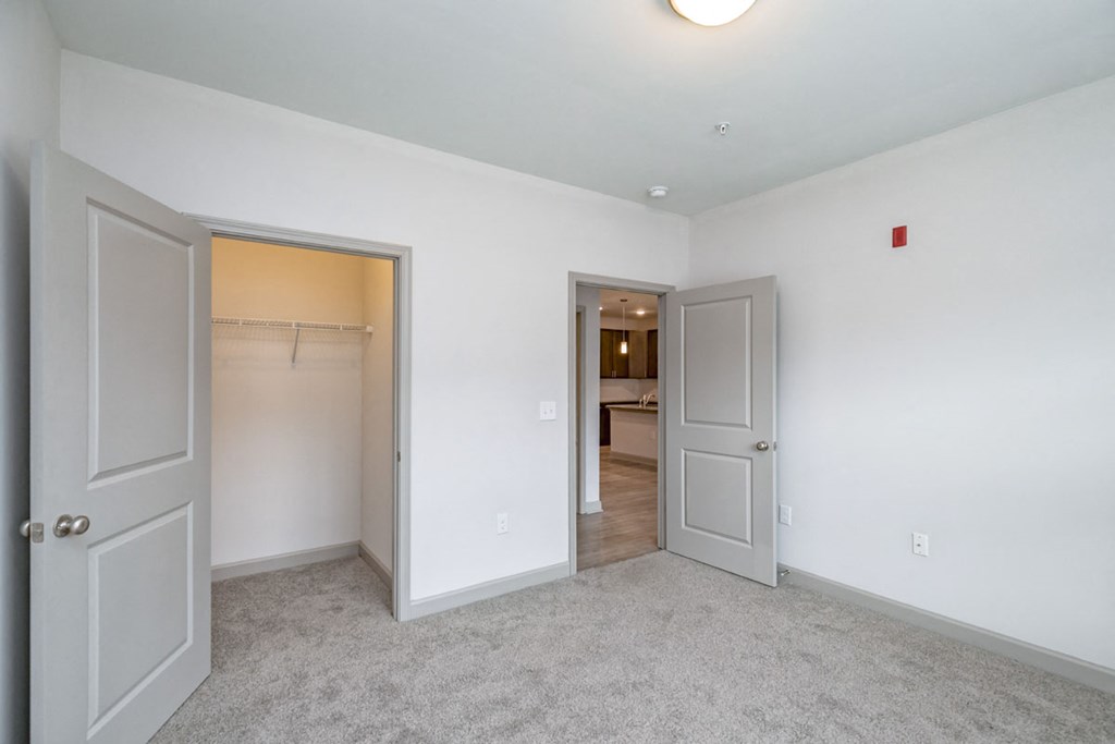 a bedroom with two closets and a door to a bathroom